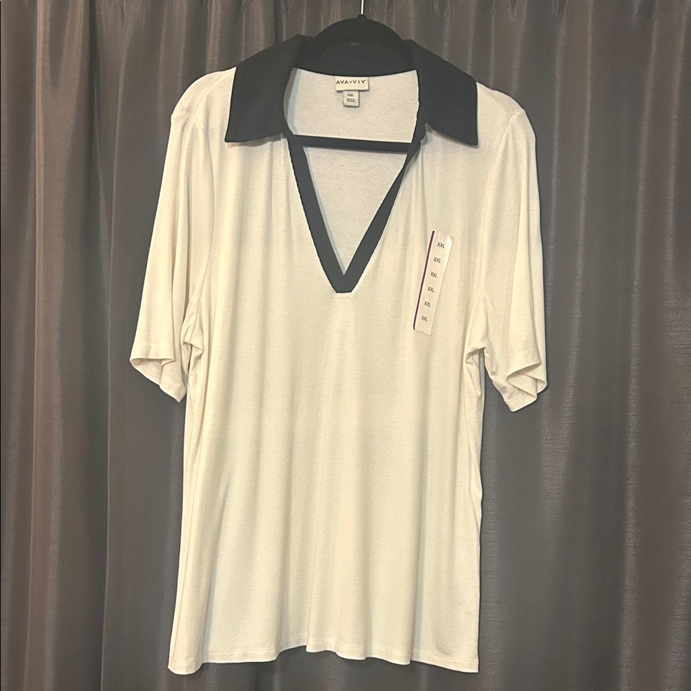 Ava & Viv Cream Polo with Black Collar and V-Neck Trim